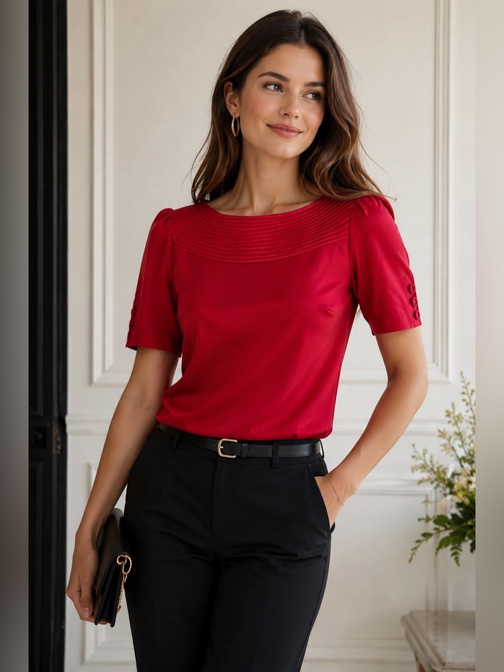 Banana Republic 100% Silk Blouse Small Red Pintuck Square Neck Top